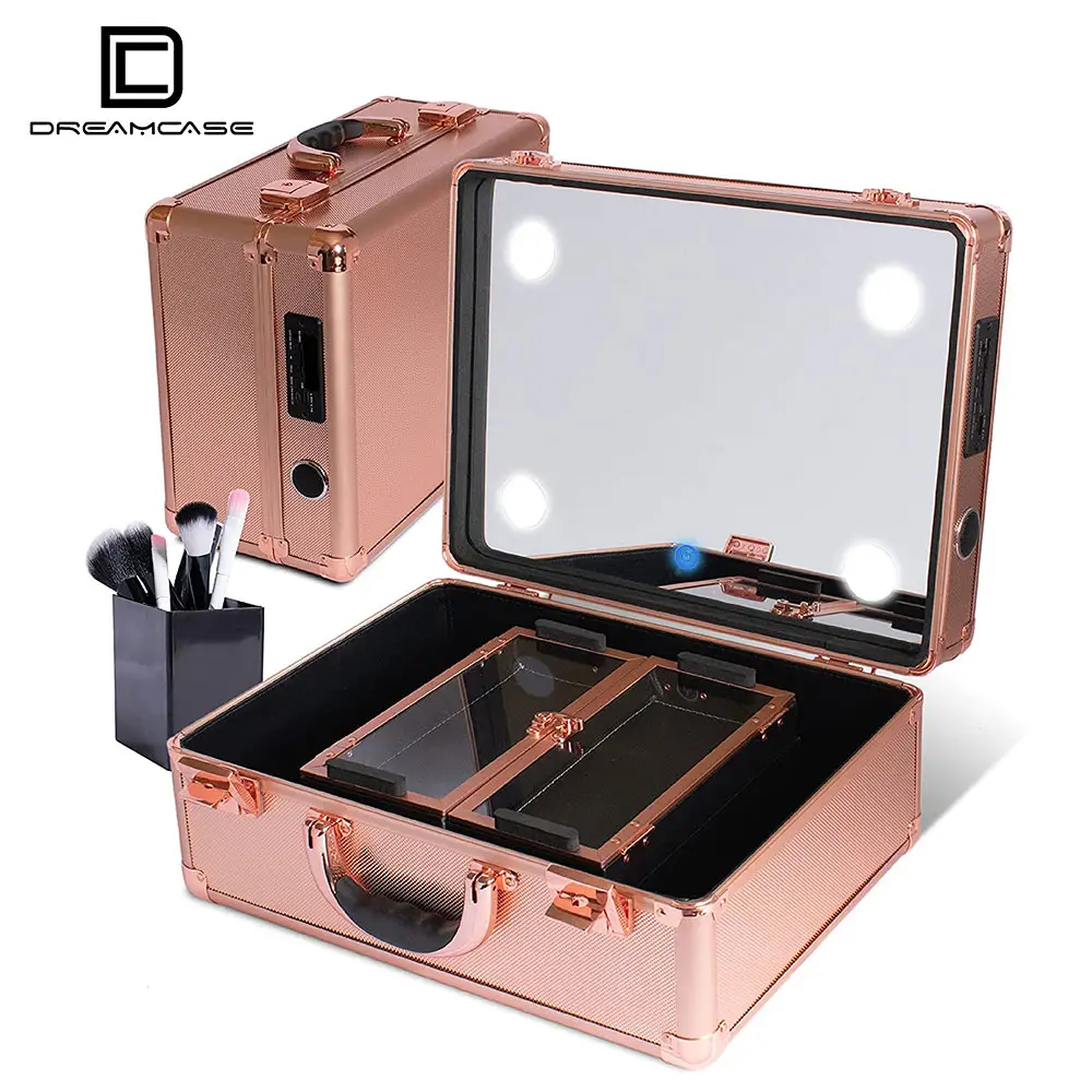 Dreamcase du lịch chất lượng cao make up Train Bag Trường hợp với cảm ứng LED thắp sáng gương trang điểm