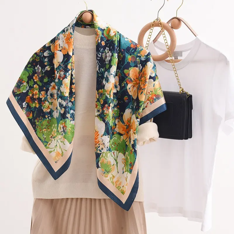 2023 nouveau foulard en soie personnalisé coloré printemps jardin imprimé foulard en soie femmes français petit foulard carré