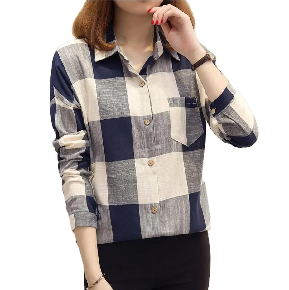 Blusa de manga larga con cuello vuelto para mujer, camisa a cuadros de estilo coreano, venta al por mayor