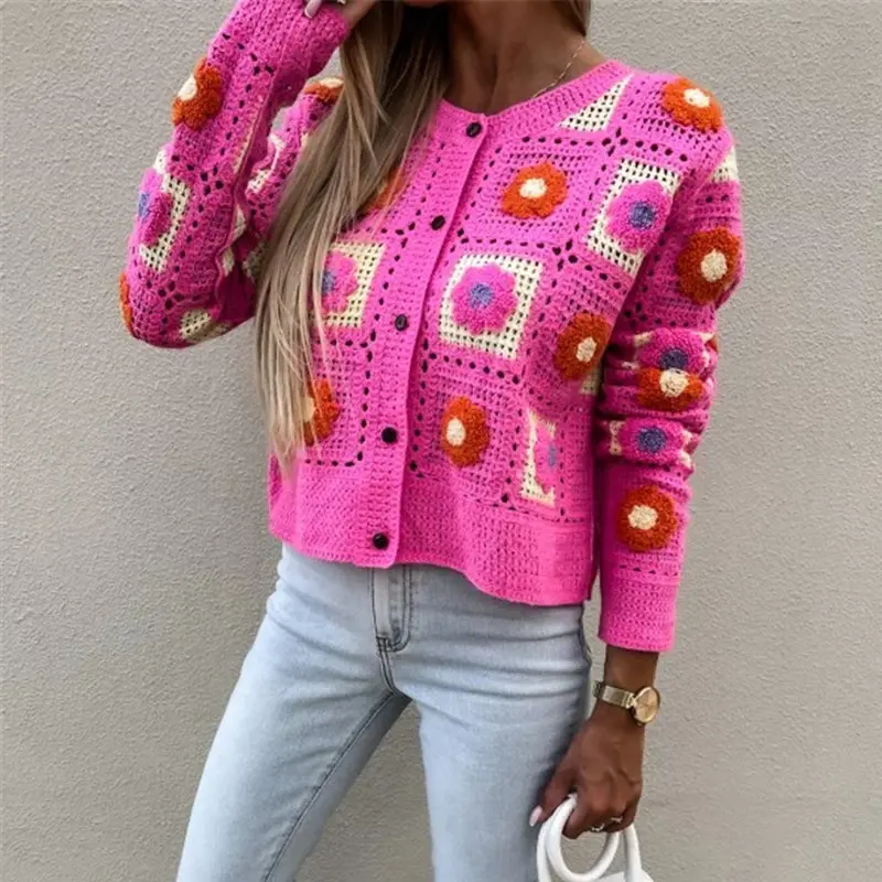2022 Spring And Autumn Temperament Printed Knitted Cardigan Sweater Knitted Cardigan Hand Hook Embroidered Sweater