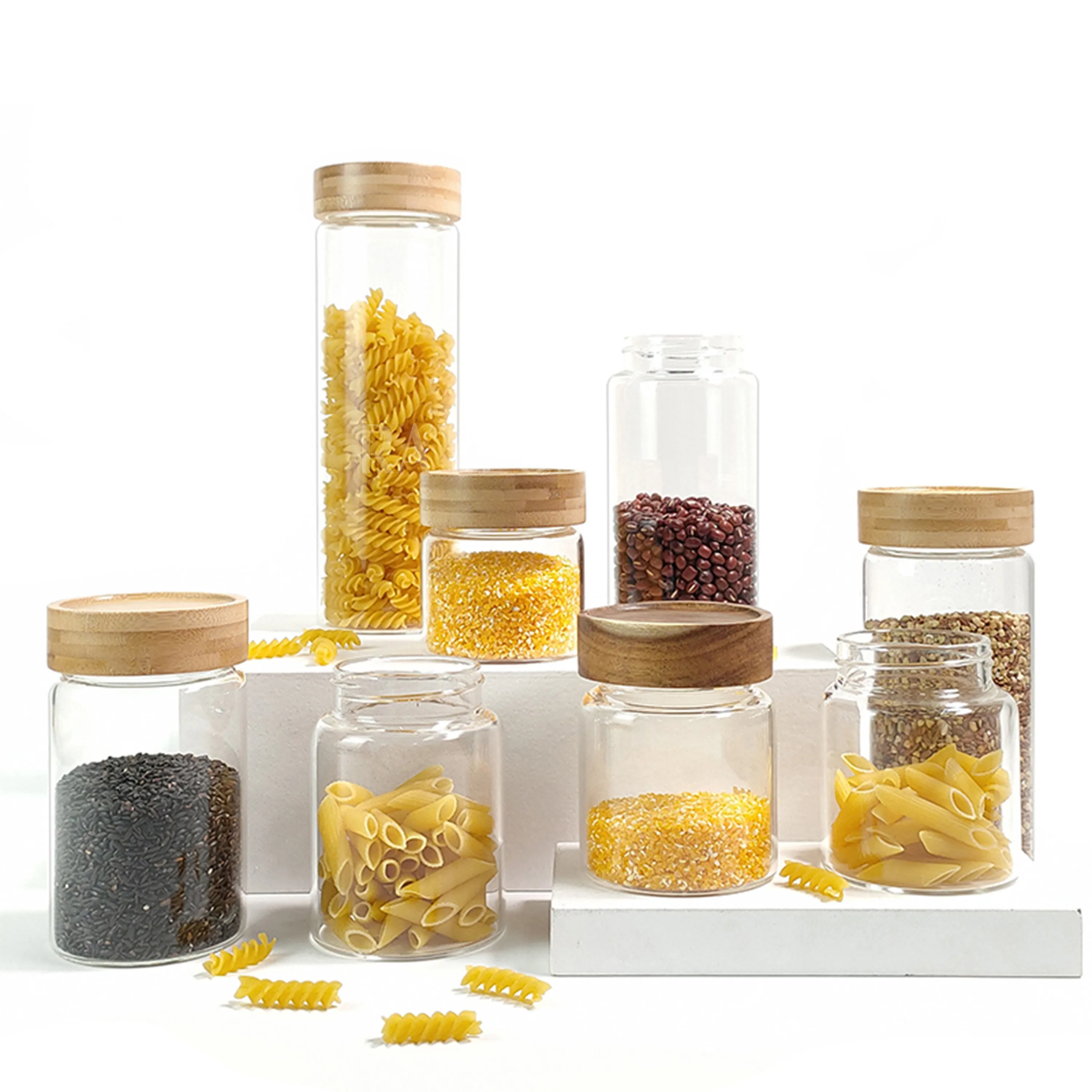 Barattolo di vetro all'ingrosso contenitori per alimenti in vetro trasparente a forma di tubo personalizzato con coperchio in bambù