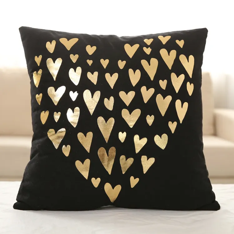 Wholesale vacuum compressed packing Gold Foil Black Decorative polyester cushion Cover custom Printed Pillow Case with filling