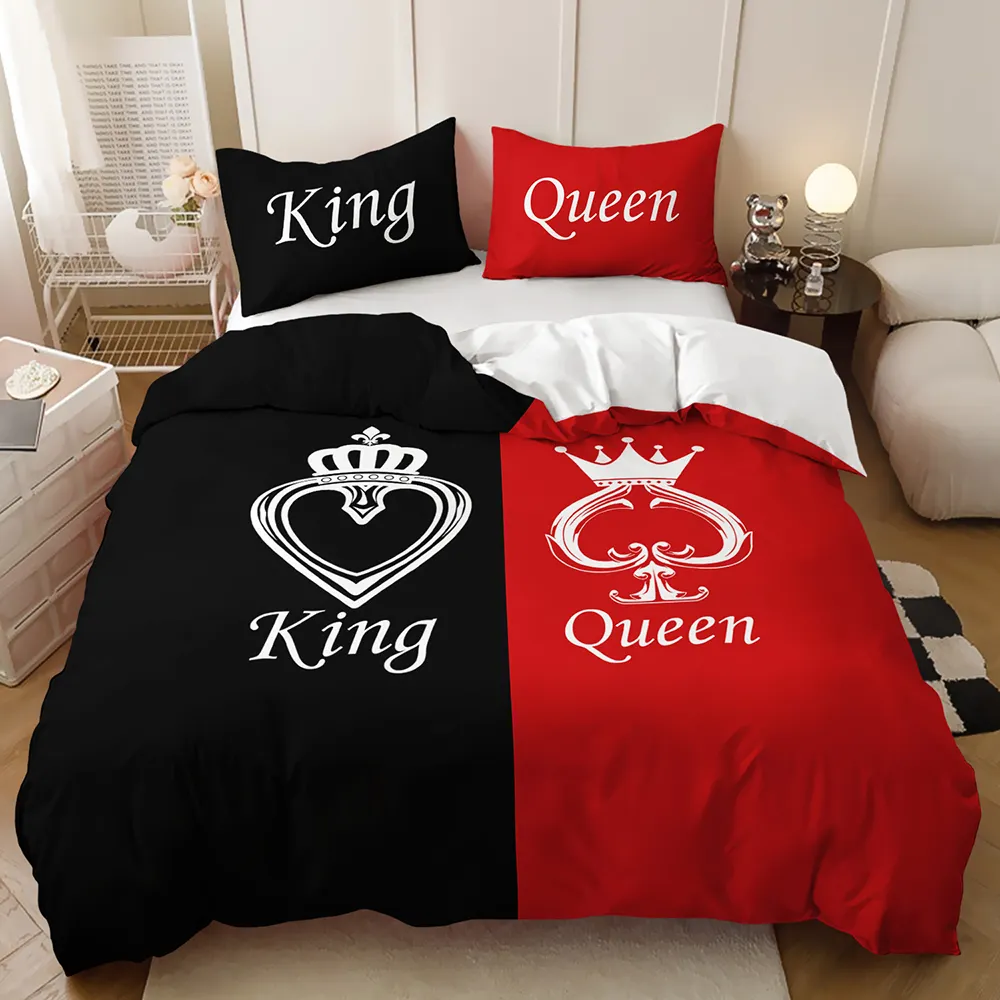 Stampa digitale 3D modello personalizzato nero rosso He She Queen King copripiumino in poliestere Set biancheria da letto