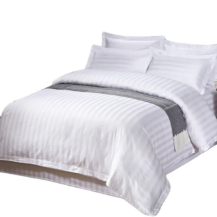 卸売カスタマイズホテル羽毛布団カバーセット寝具3cmサテンストライプホワイトカラーベッドシーツセット寝具セット