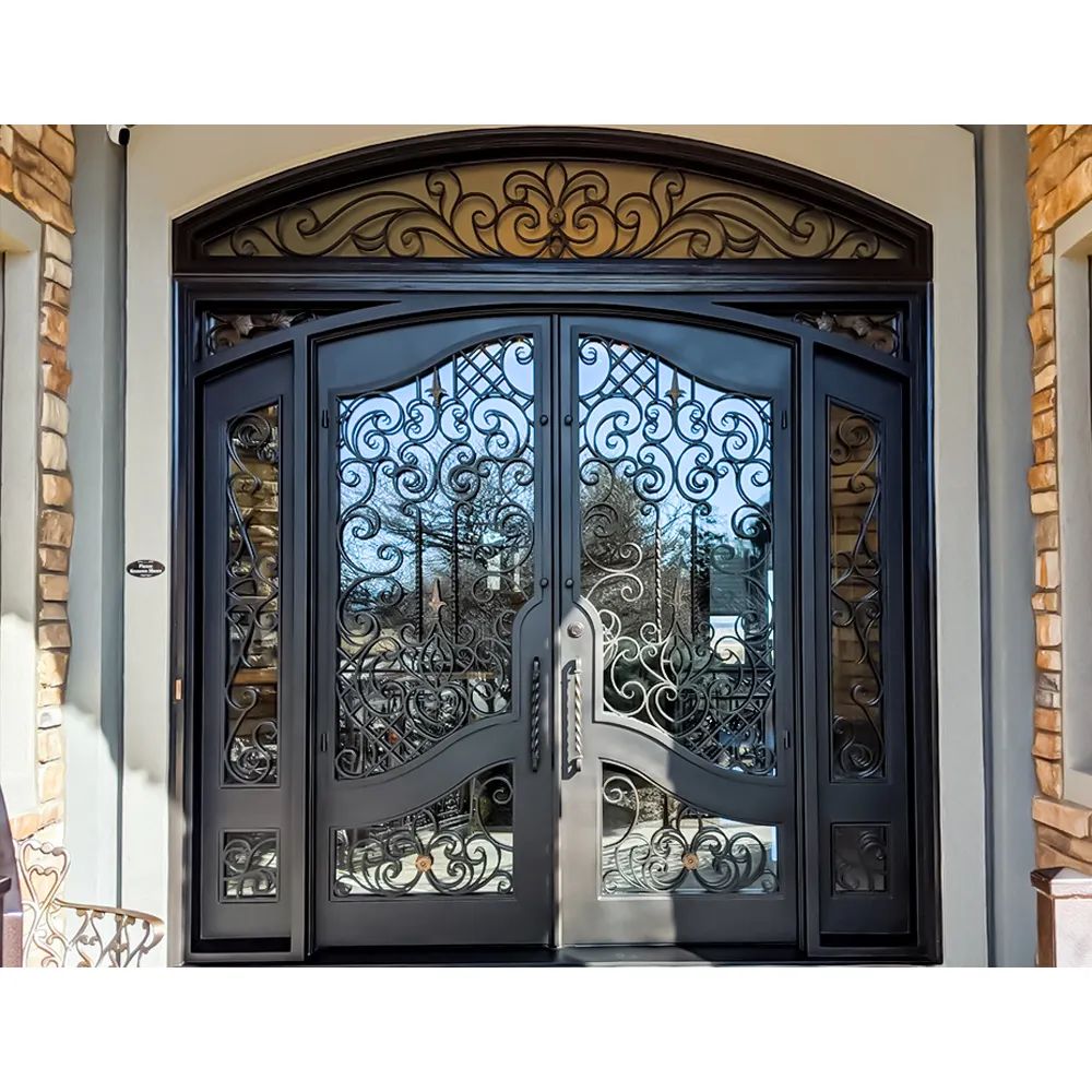 Puerta doble francesa de vidrio de hierro forjado de diseño de entrada de Villa de lujo de dimensiones súper grandes