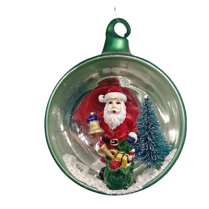 Novo design festival de natal 8*8*8 cm, bola de vidro com resina papai noel e boneco de neve dentro para festa e decoração de casa