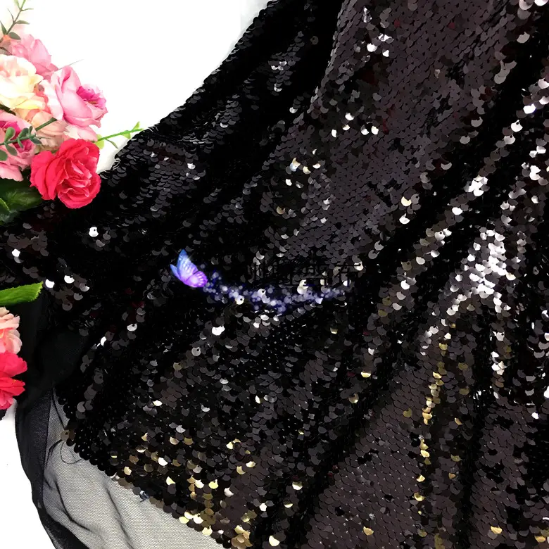 Malha preta base 5MM dupla camada lantejoulas penduradas peça roupa vestido vestido tecido 4 cores opcional