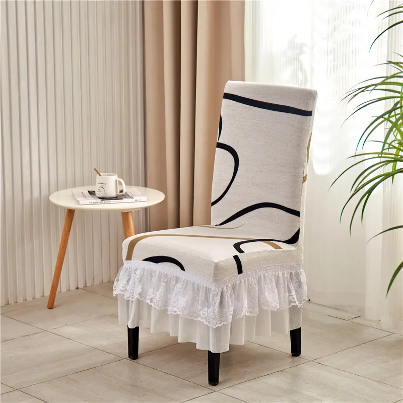 Copri sedia universale elasticizzata a buon mercato con gonna per sala da pranzo e decorazioni per banchetti in pizzo elastico reclinabile
