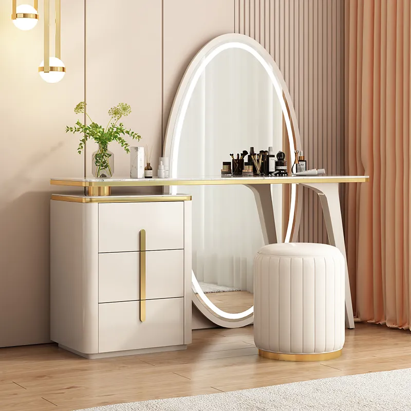 Французская Роскошная Современная мраморная подставка под телевизор, светодиодный туалетный столик для макияжа, мебель с зеркальным креслом и ящиками для спальни