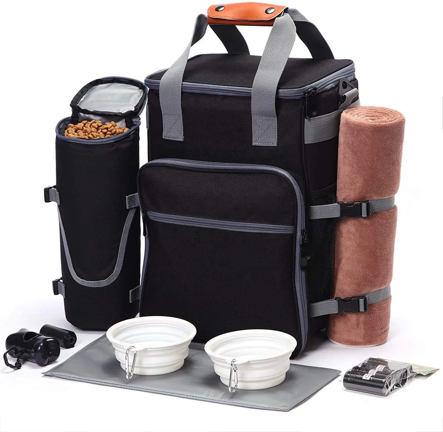 Bolsa de viaje para mascotas, organizador de accesorios para perros, bolsa de viaje con 2 cuencos plegables, contenedor de comida
