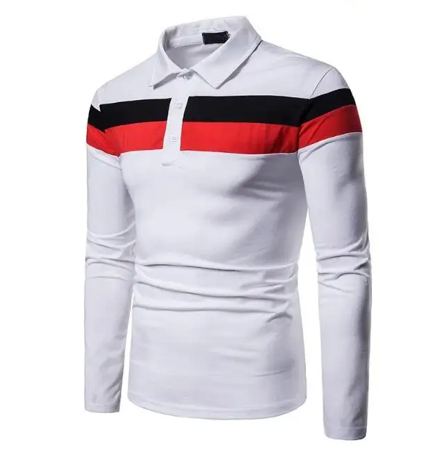Heren Patchwork Slim Fit Lange Mouw Revers T-Shirt Dunne Europese Maat Zwart Wit Poloshirts