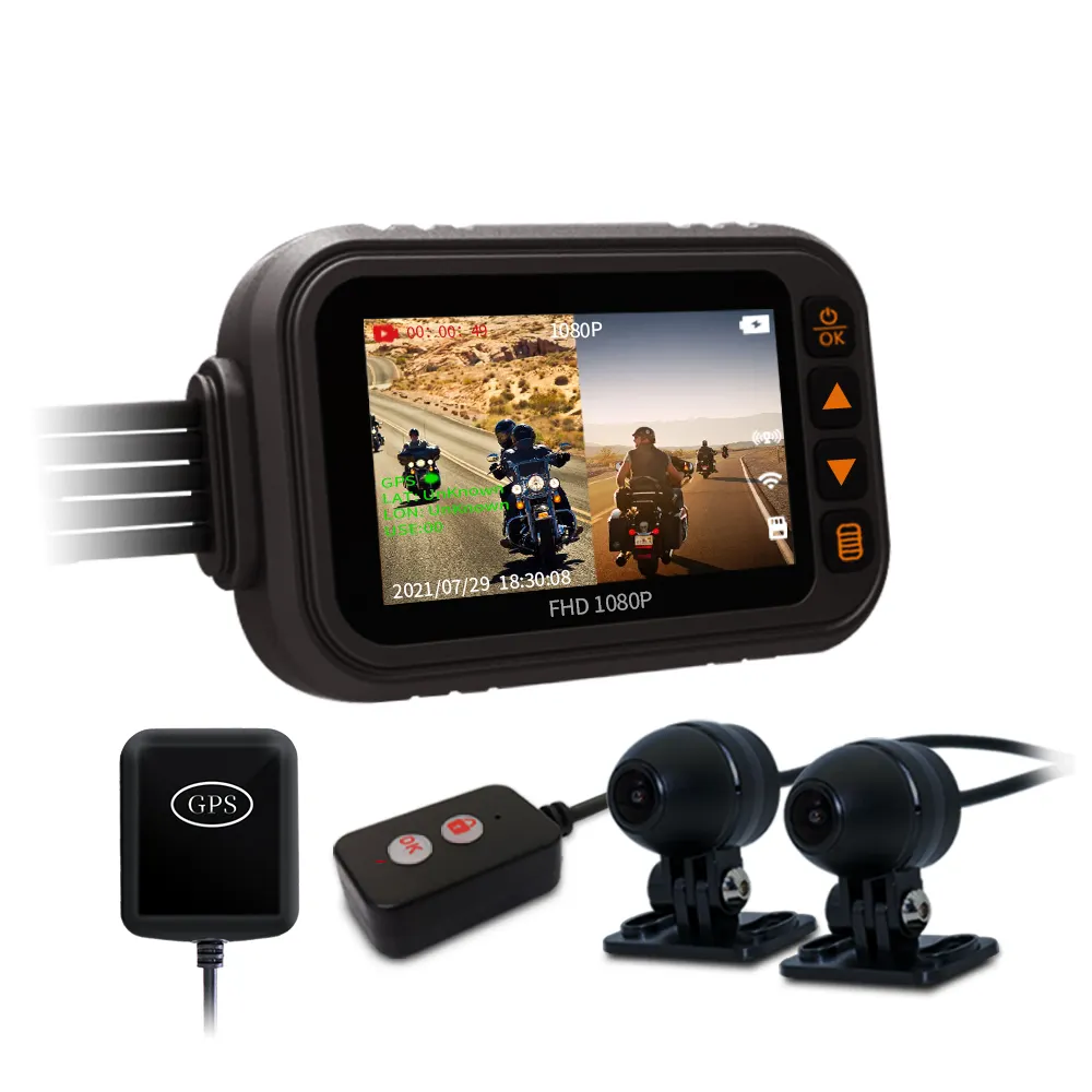 Mini caméra de moto Full HD 1080P 3 pouces DVR Dash Cam avec double piste et double objectif Caméra enregistreur de moto GPS intégré