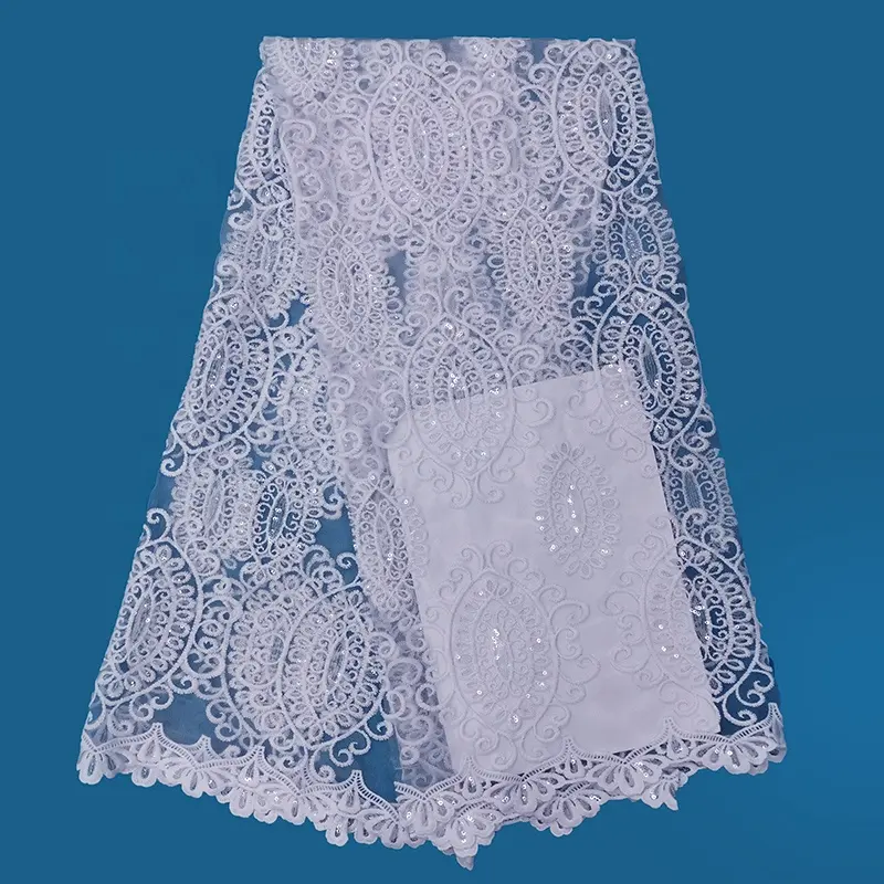 Festival de fábrica novo modelo de tecido de renda vestido de casamento branco do laço de tecido com lantejoulas