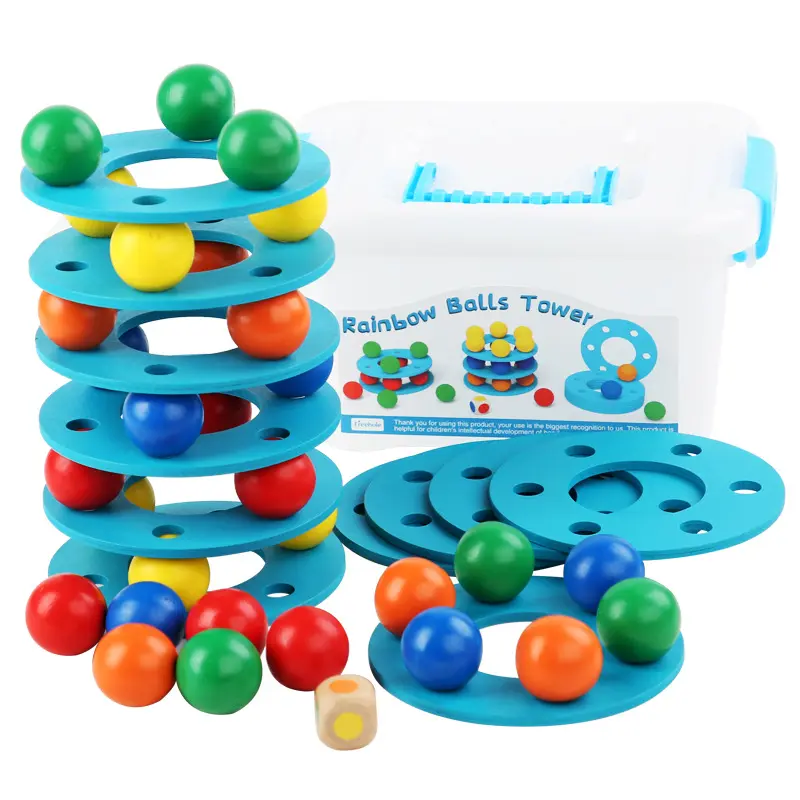 Children's color cognition hand eye coordination training game Rainbow ball wooden baby rainbow tower stack toy for kids