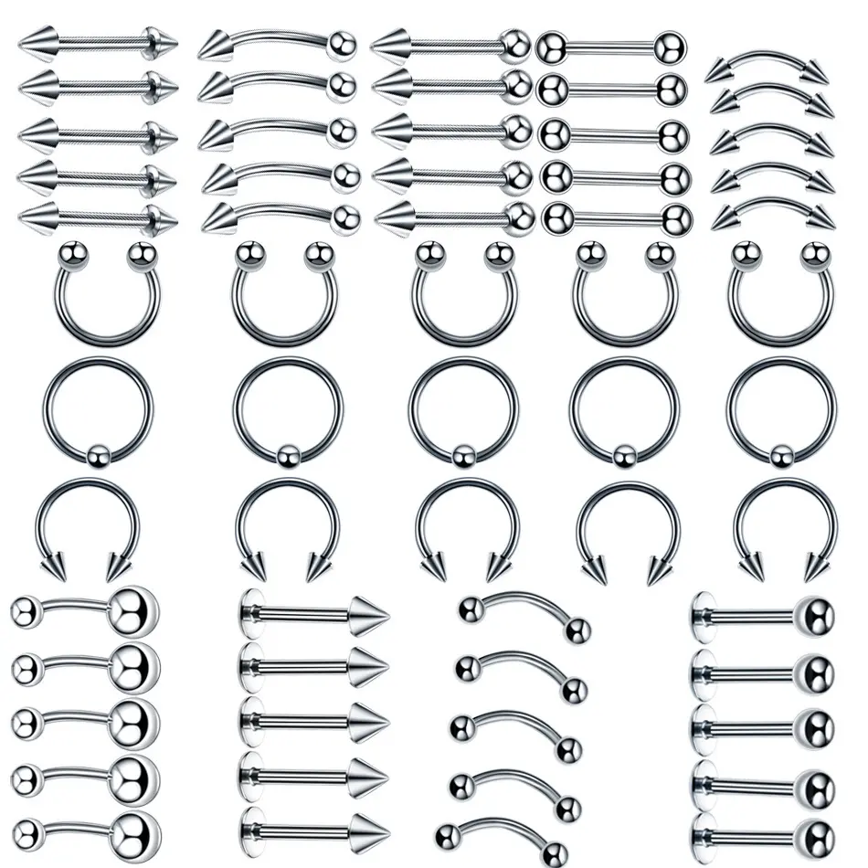 Kit de Piercing para la lengua, juego variado de acero inoxidable para labios, cejas, tabique, nariz, anillo, joyería para el cuerpo, 60 piezas