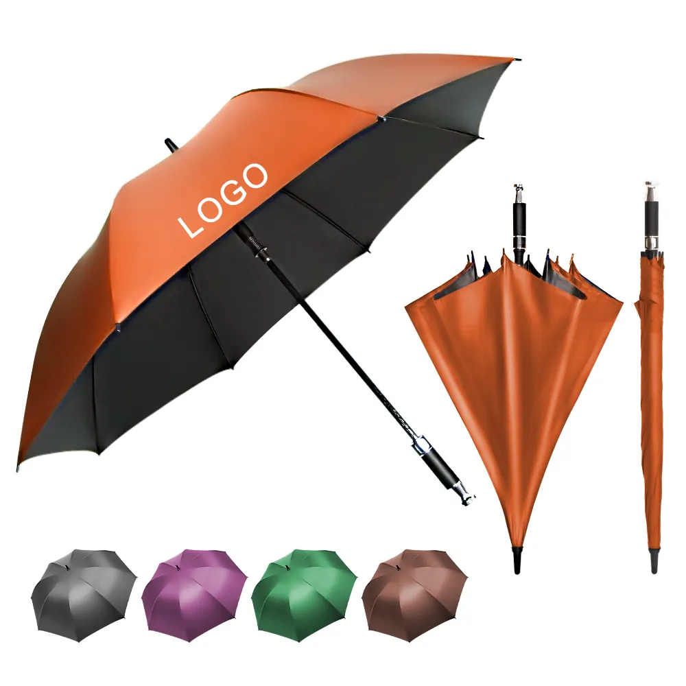 Popular mango largo poste recto automático resistente al viento paraguas de negocios con logotipo