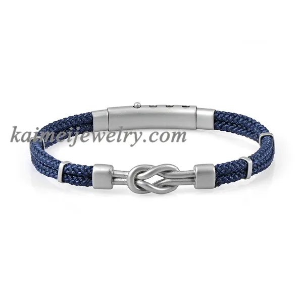 Pulsera de cuerda de nailon azul con nudo para hombre, hecha a mano, con hebilla magnética plateada