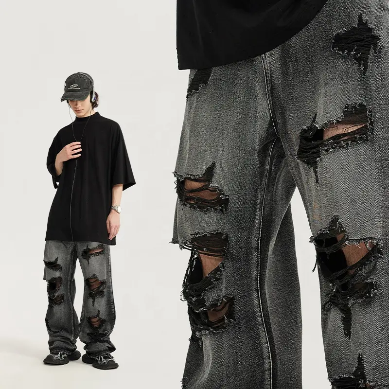 INFLATION Distress Ripped Black men's jeans pants High street Designer baggy jeans men