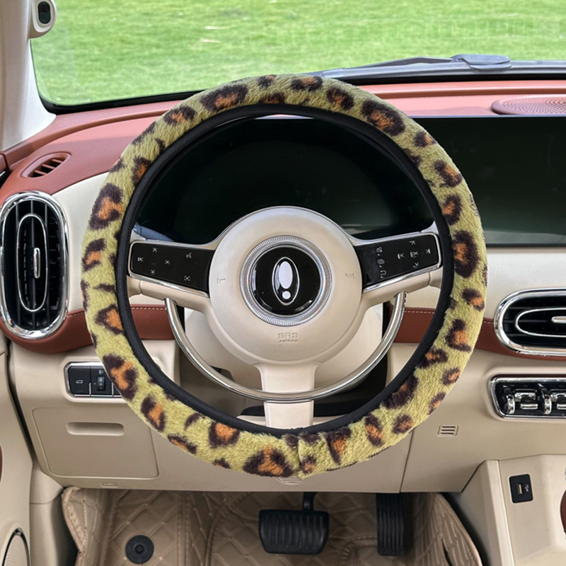 Rabbit fur leopard print steering wheel cover green