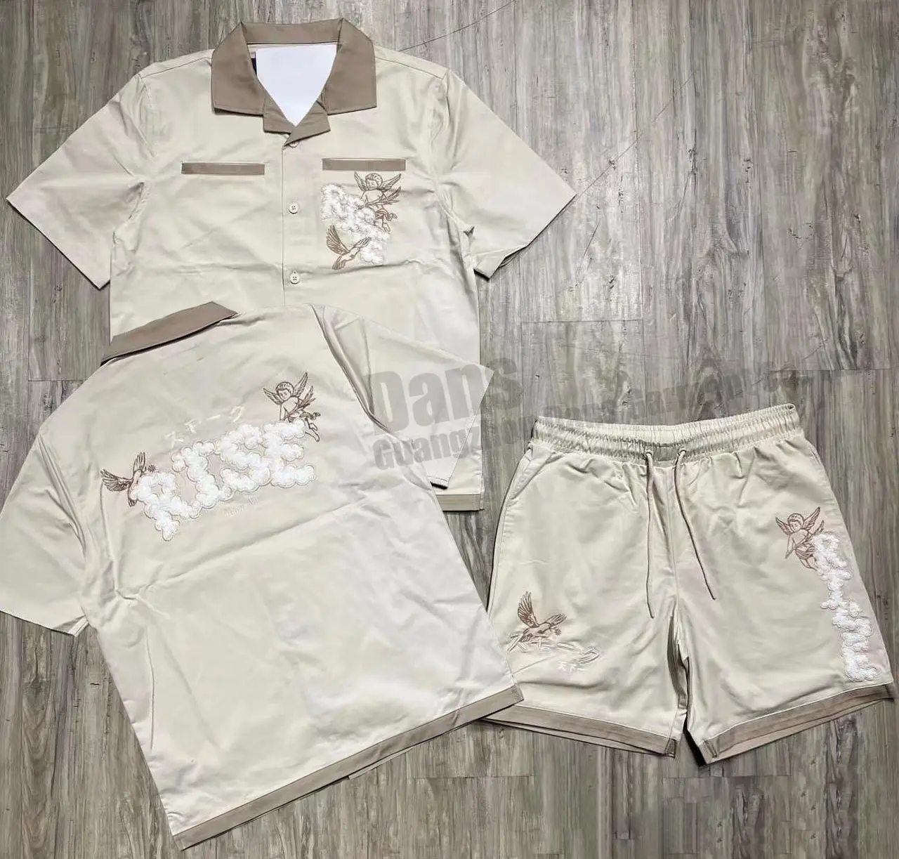 Mens Áo Khoác T Áo Sơ Mi Và Quần Short Mùa Hè Quần Áo Tùy Chỉnh Chenille Thêu Ve Áo Nút Áo Sơ Mi Hai Mảnh Tracksuit Set Cho Nam Giới