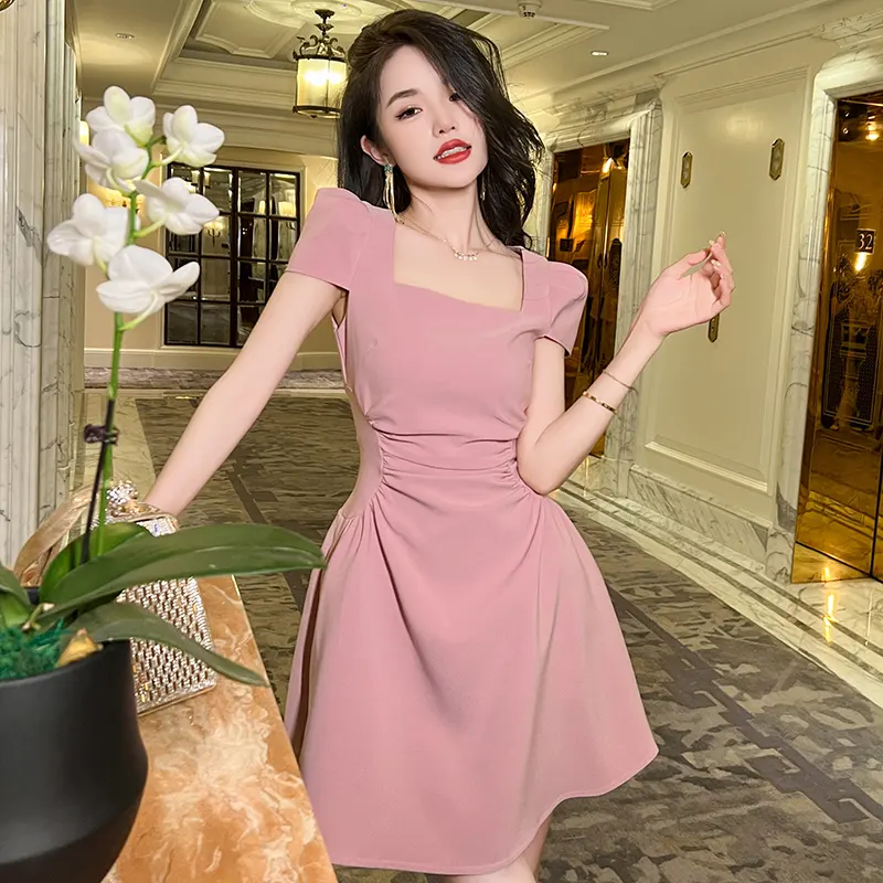 ZYHT 20549 Custom Spring Summer Woman Korean Chic Square Collar Slim Fit Short Dress High Waist Mini A Line Female Dress