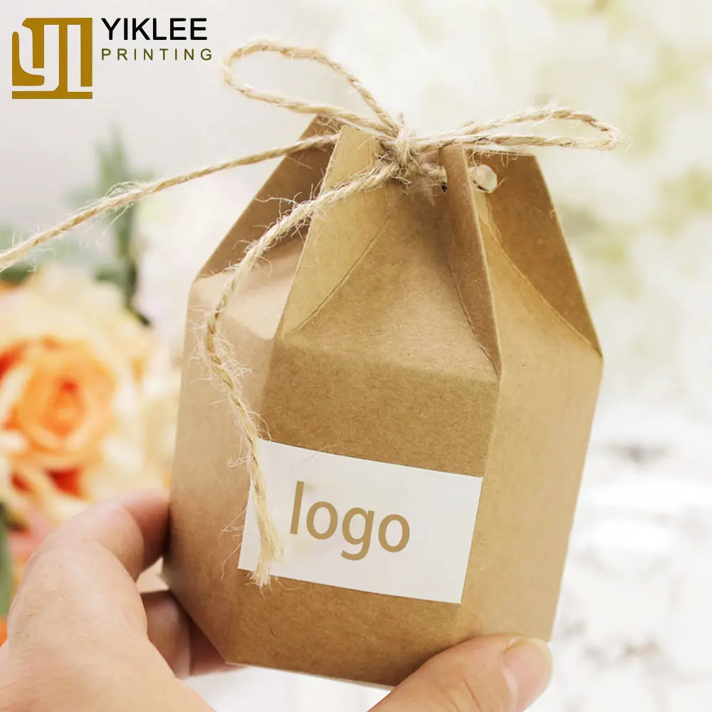 Cajas de Regalo de papel blanco para fiesta de boda, envoltorio de embalaje de hilo, Chocolate, caramelo, linterna hexagonal, paquete de papel Kraft