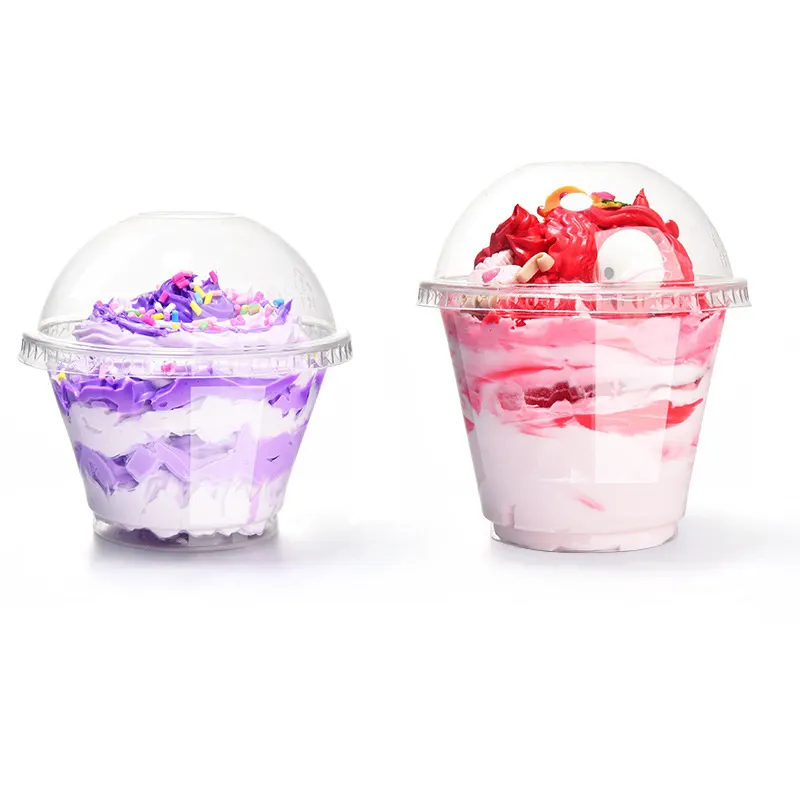 Logo özelleştirilmiş ambalaj şeffaf tek kullanımlık plastik yüzlü milkshake yoğurt jöle dondurma tatlı kapaklı kupa