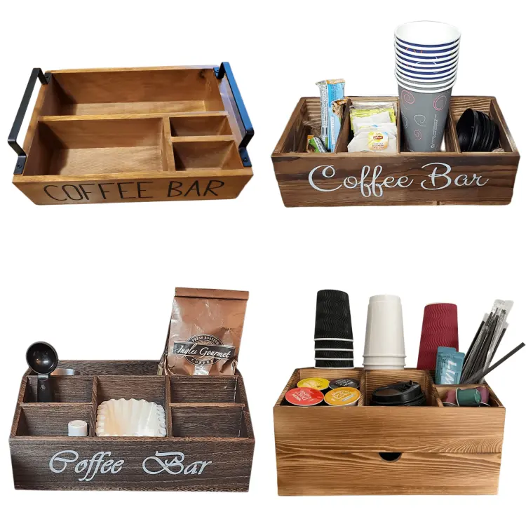 Bag Separates Straws Stirrers Sugar Packets Organizer Condiment K Cup Pod Holder Bar Wooden Custom Coffee Station Organizer
