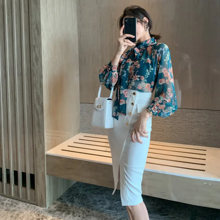 Conjunto feminino de blusa e saia jeans, conjunto oficial de 2 peças estampado floral manga lanterna chiffon saia jeans, primavera, 2022