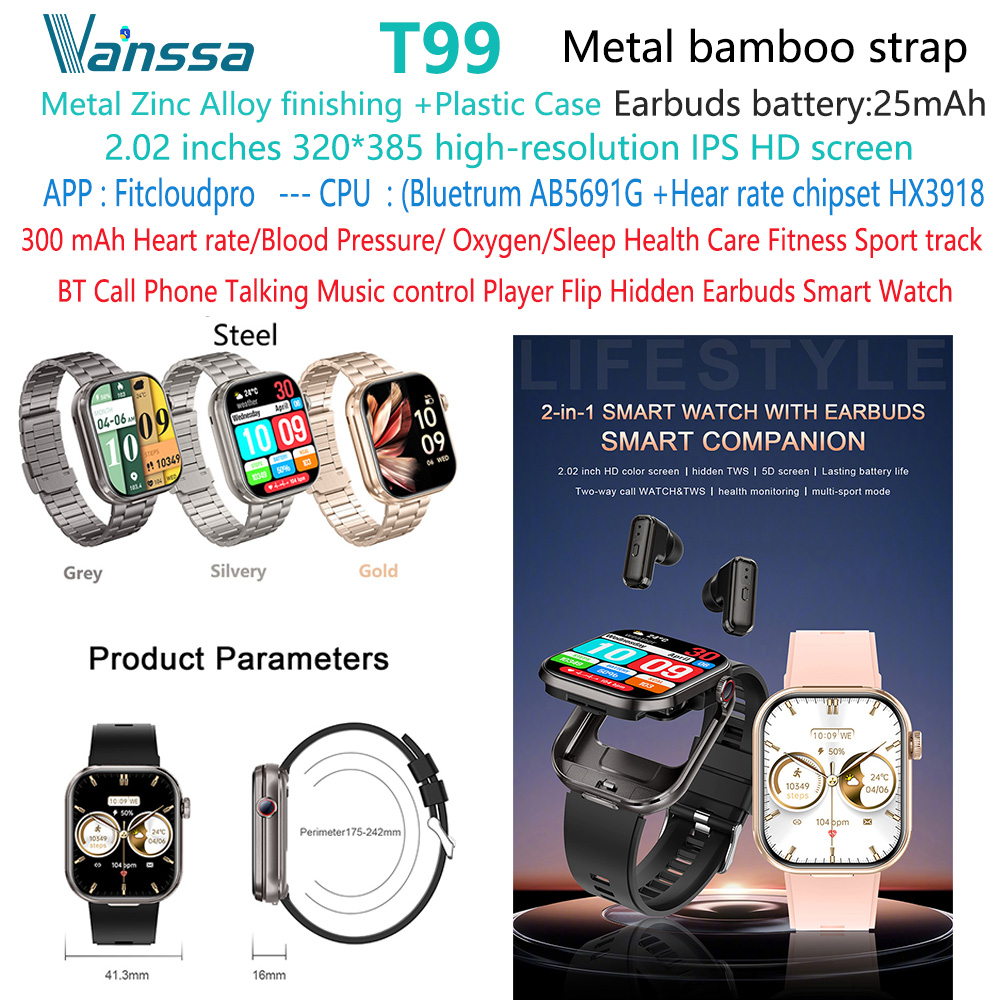 T99-TWS-earbuds-smart-watch en acier noir-