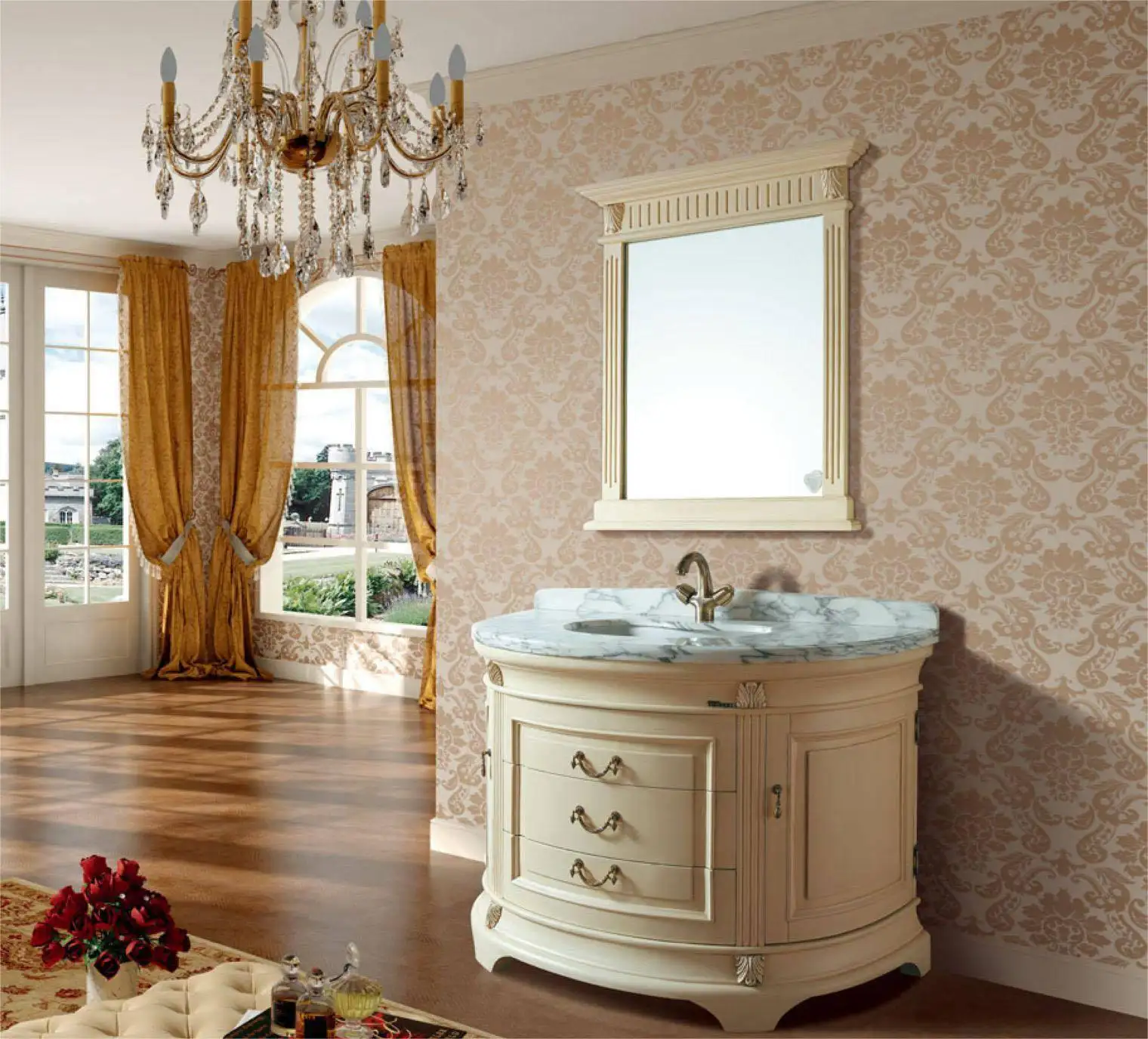 Armário de banheiro em estilo real, lindo, à prova d'água de alta qualidade, toda em madeira maciça, pintura estilo palácio
