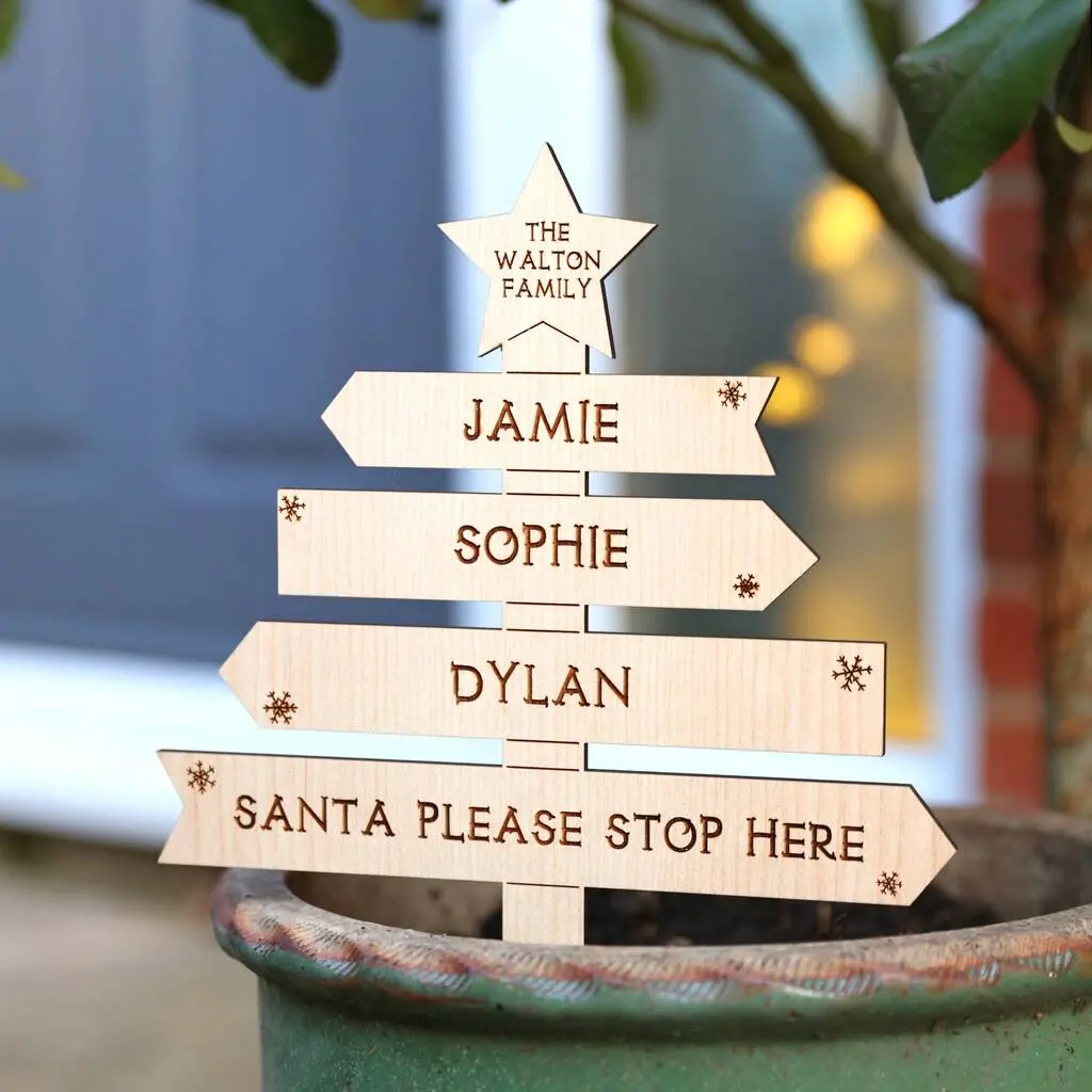 Cartel de puerta personalizado, nombre de familia, árbol de Navidad de madera, Poste indicador familiar