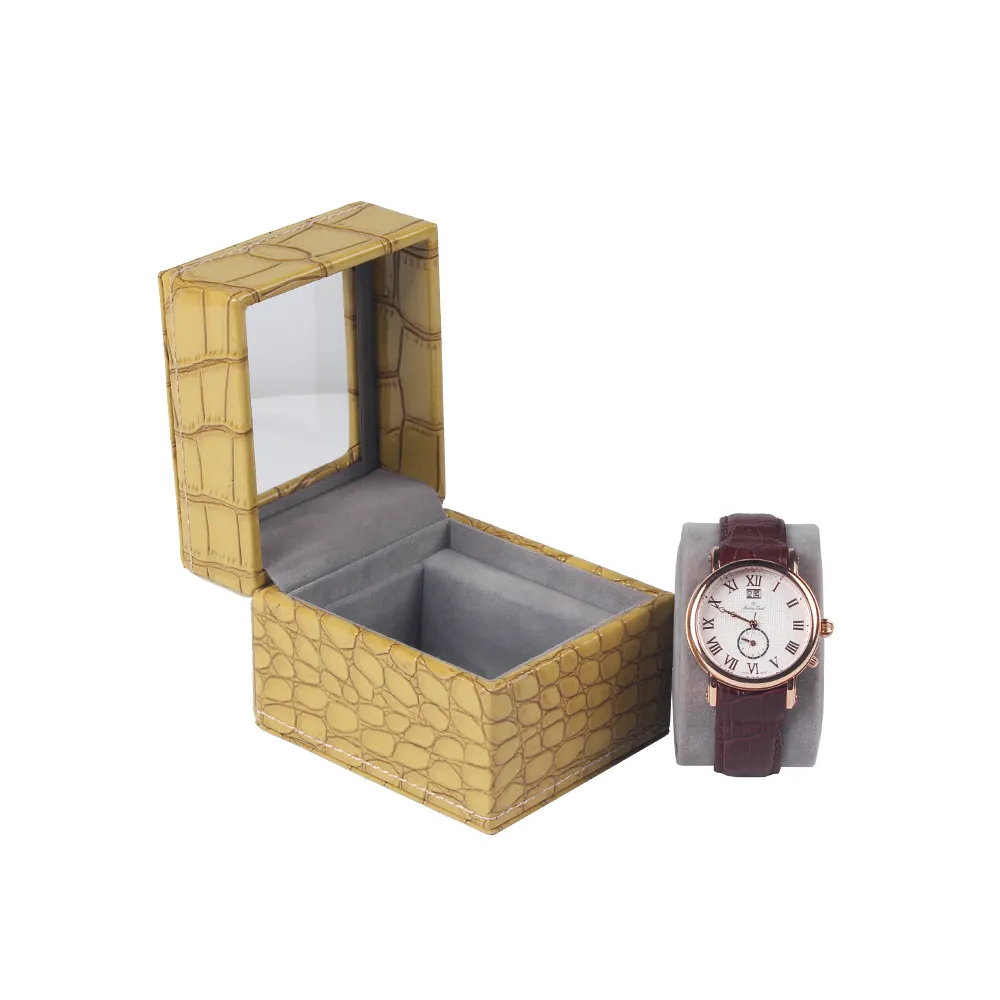 Boîte de montre en cuir PU transparent jaune pour dames, coffret de bijoux, boîte cadeau avec oreiller pour montre et Bracelet