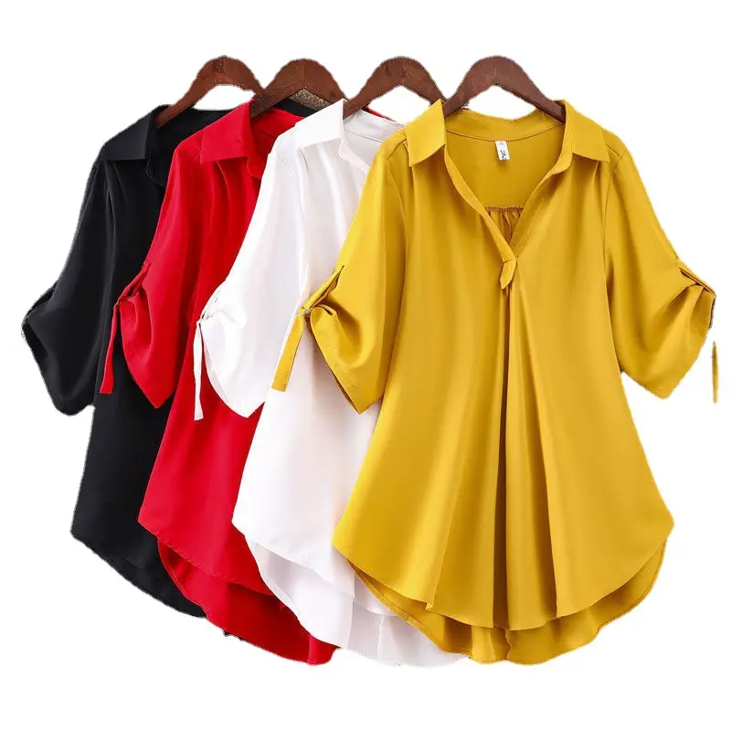 2023 Dames Zomer Nieuwe Stijl V-Hals Effen Kleur Losse Chiffon Blouse Plus Size Shirt Met Korte Mouwen