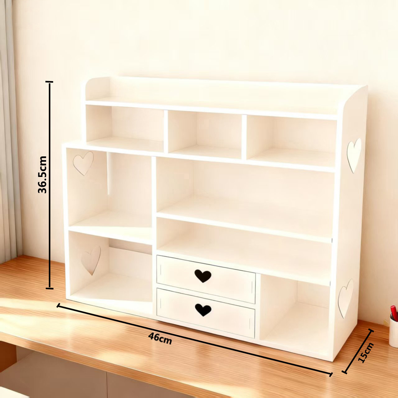 5-tier desktop bookshelf (with heart-shaped double drawers)