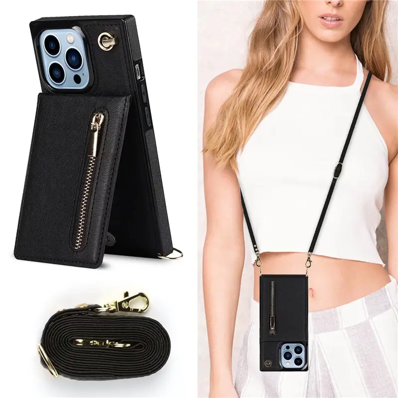 2023 Fancy Phone Case Zipper Wallet Crossbody Lanyard Flip Leather Phone Case for iPhone 11 12 13 for Samsung S21