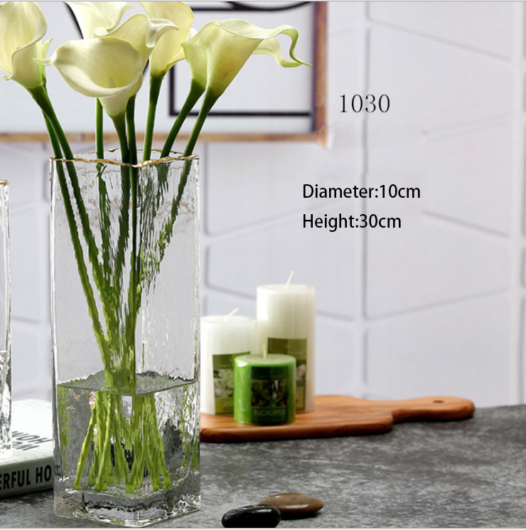 Gold Rim Square Glass Vase Crystal Glass Vase Bud Vase Glass Clear for Home Hotel Decoration