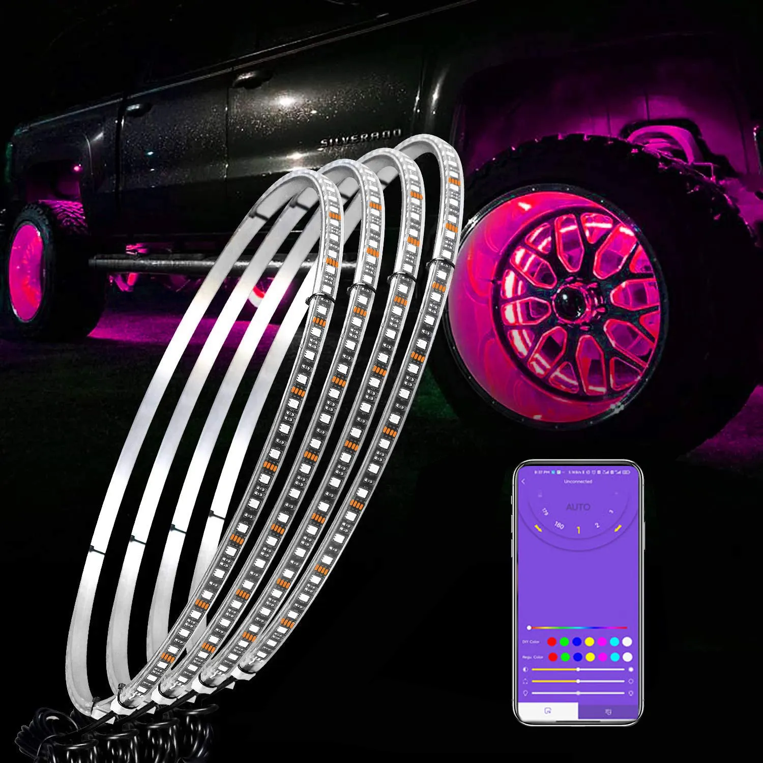 Luz led para rueda de coche, rueda de coche con cambio de Color, anillo de luces led rgb para llantas de coche con Control por aplicación, IP67