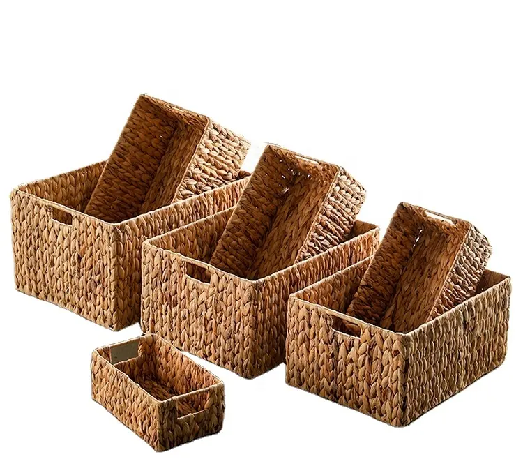 Cesta artesanal natural vietnamita, corda de armazenamento retangular feita à mão bandeja de vegetais e frutas cesta de tecido de hiacinth água