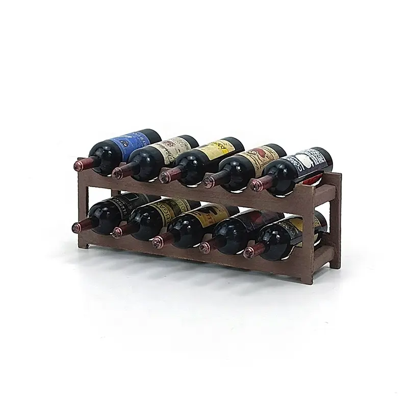 Juego de vino tinto en miniatura con práctico estante para botellas de vino, Mini estante de madera para vino, accesorios para casa de muñecas, 1:12