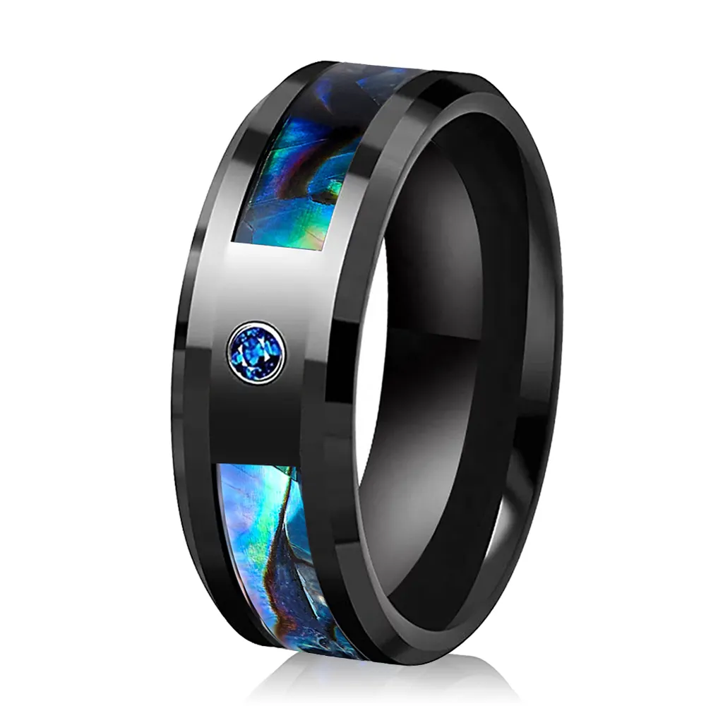 שחור טונגסטן Abalone מעטפת שיבוץ טבעת 8mm כחול ספיר אבן נישואים לגברים