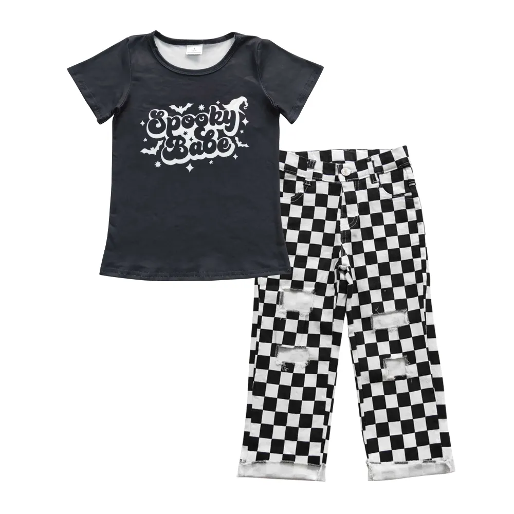 BSPO0125 Calças jeans pretas de manga curta de alta qualidade para meninos, conjuntos de roupas infantis pretas e brancas xadrez