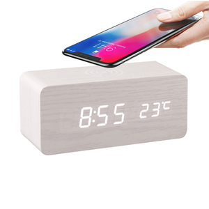Custom LED Electric Alarm Clock Wireless Phone Charger Thermometer Desktop Wooden Digital Wireless Charging Clock - Product Image 1