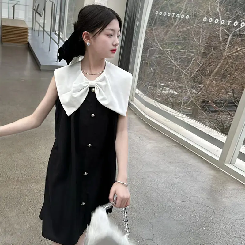 Nueva boutique coreana verano niños falda sin mangas arco vestidos casuales para adolescentes niñas