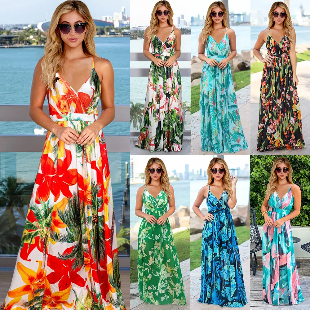 2023 Frühling Sommer Blume gedruckt Hawaii Kleid Lady ärmellose Patchwork Strand Urlaub lange Frauen Maxi Freizeit kleider