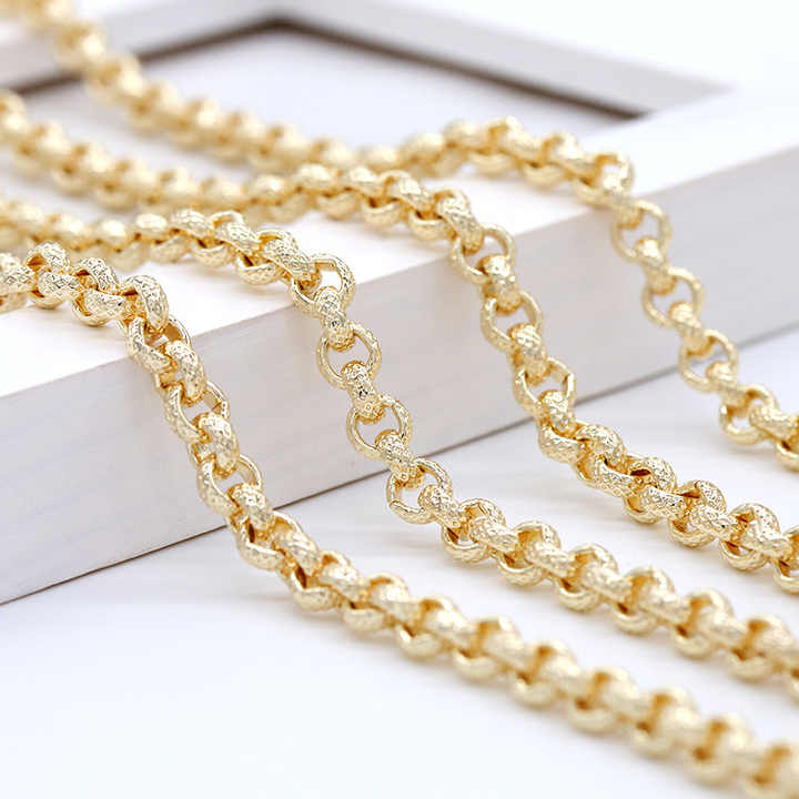 Textured Rolo Chain | 14K Gold-Plated Brass Square Pattern Open Link Chain for DIY Jewelry Making | Wholesale by the Meter