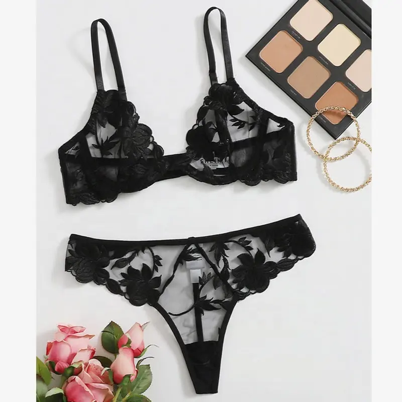 2022 conjunto de roupa íntima feminina bordado, lindo preto floral sexi nightwear