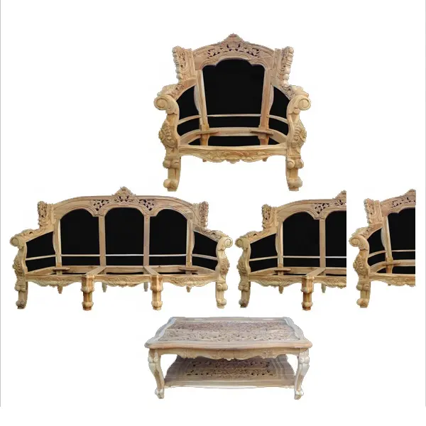 Деревянный резной диван-стулья из тика, мебель для гостиной, необработанные товары KD, без краски, набор мебели для гостиной 15