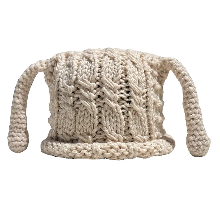 Gorro de lana de punto hecho a mano grueso cálido de invierno, divertido sombrero de suéter de cuerno Stange para mujer