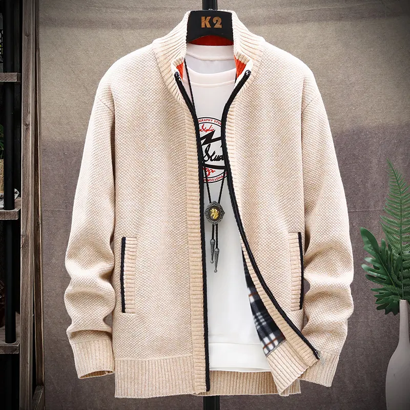 Heren Sweater Tops Gebreide Kleding Groothandel Herfstmaat Dikke Casual Opstaande Kraag Mode Cardigan Sweater Met Ritssluiting